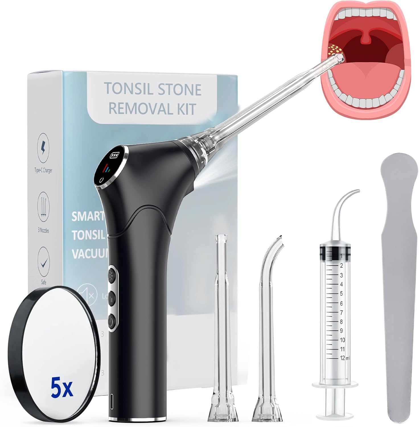 Electric Tonsil Stone Vacuum Remover - Upgraded Tonsil Stone Vacuum with LED Light, 3 Suction Modes, 5X Magnifying Mirror, 3X Silicone Probes Instant Suction Tonsil Stone Removal (Black)